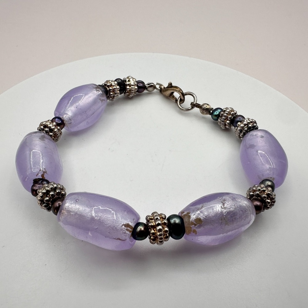 Vintage 90s Silver Tone Lavender Lampwork Beaded Bracelet Women's Jewelry Retro